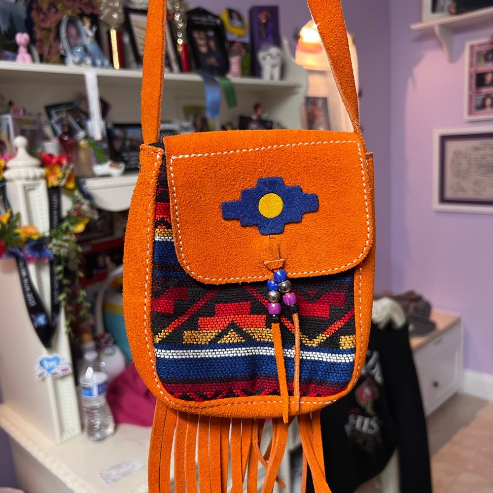 Orange Patterned Fringe Crossbody Bag
